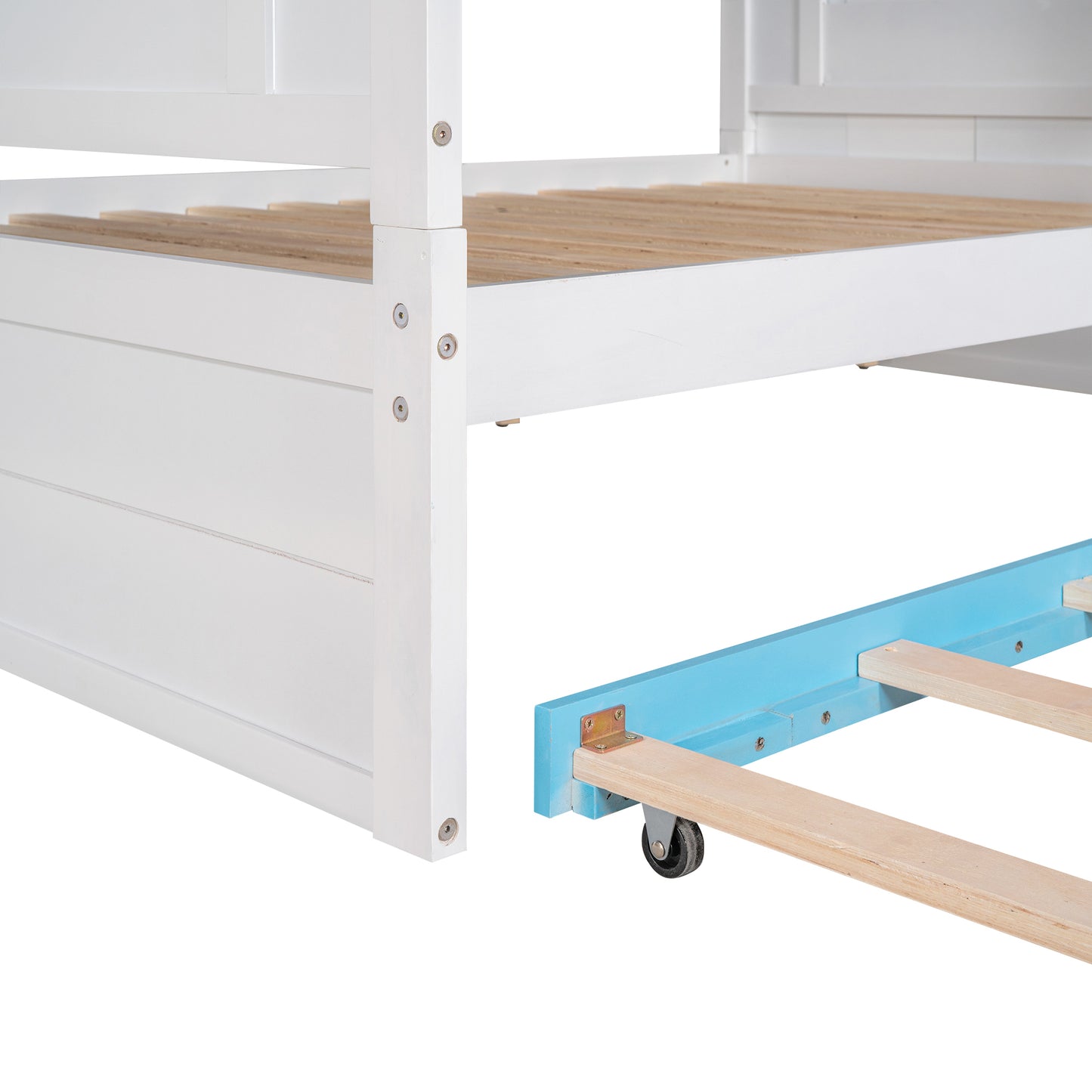 Full Over Full Bunk Bed with Trundle ,Stairs,Ladders Solid Wood Bunk bed with Storage Cabinet (White + Blue)