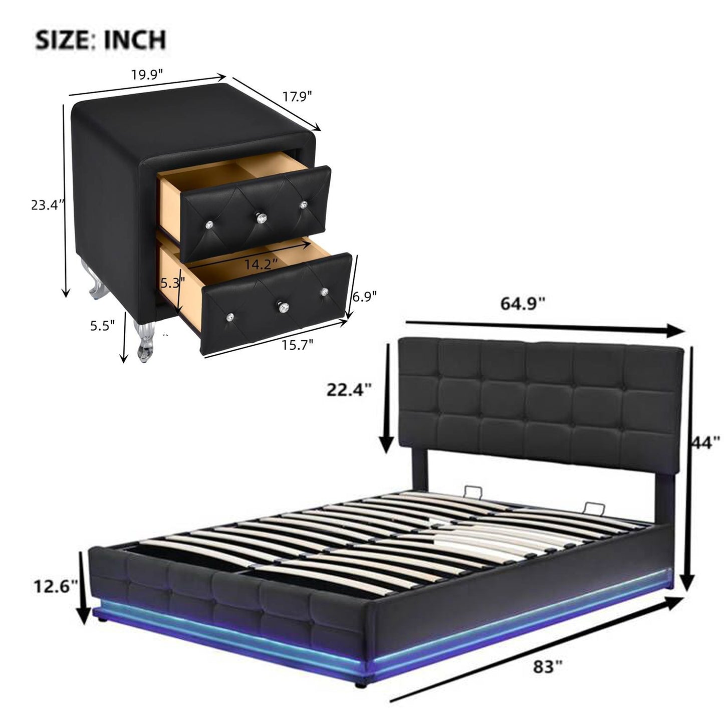 3-Pieces Bedroom Sets,Queen Size Upholstered Bed with LED Lights,Hydraulic Storage System and USB Charging Station, Two Nightstands with Crystal Decoration,Black