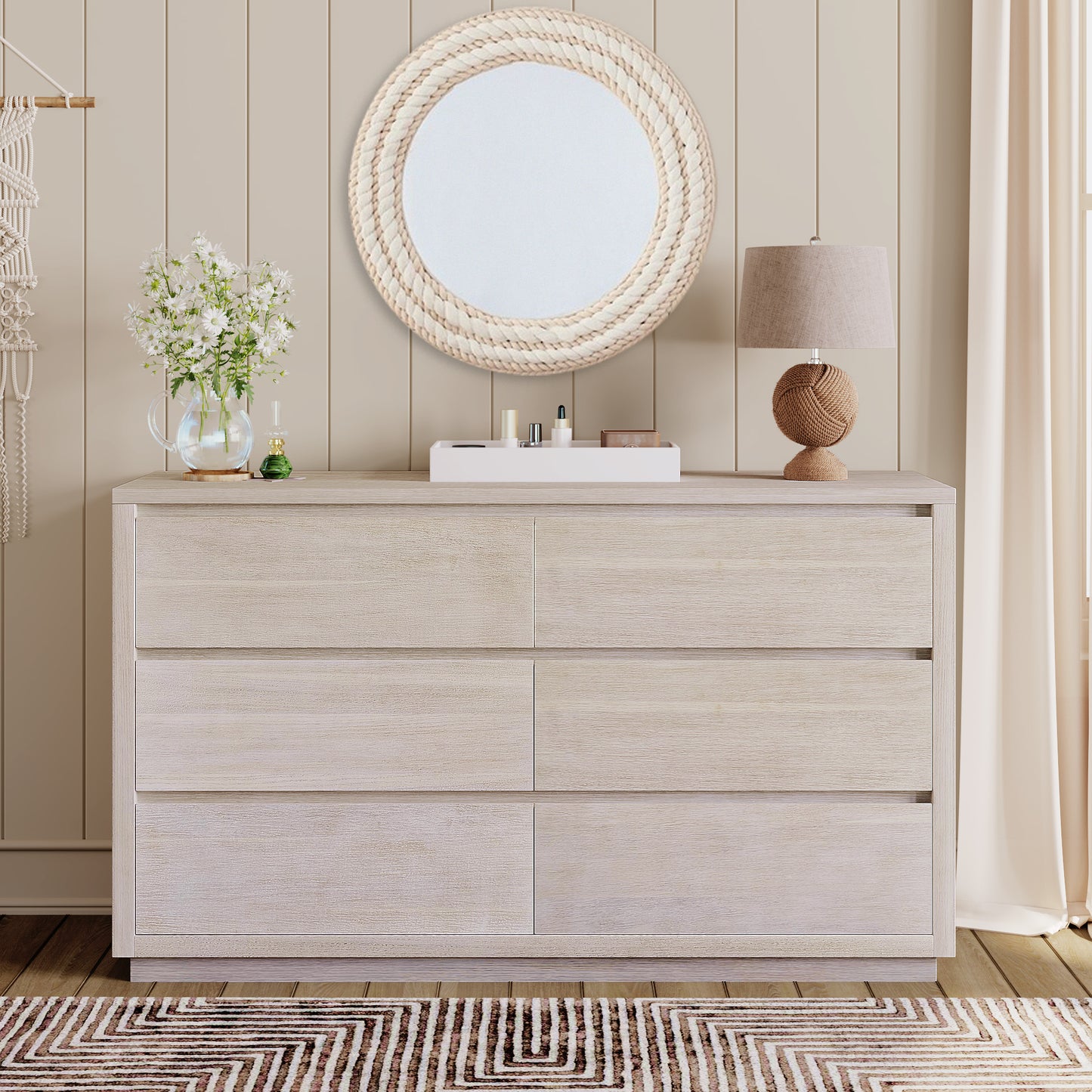Modern Style Wood Veneer 6-Drawer Dresser for Bedroom, Living Room, Stone Gray
