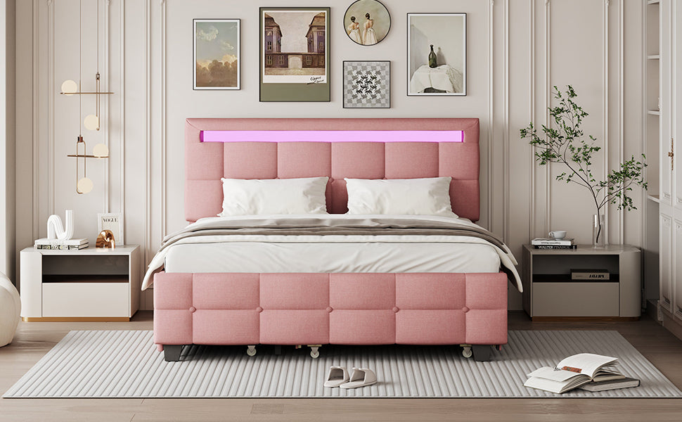 Queen Size Upholstered Platform Bed with LED Frame, with Twin XL Size Trundle and 2 drawers, Linen Fabric, Pink