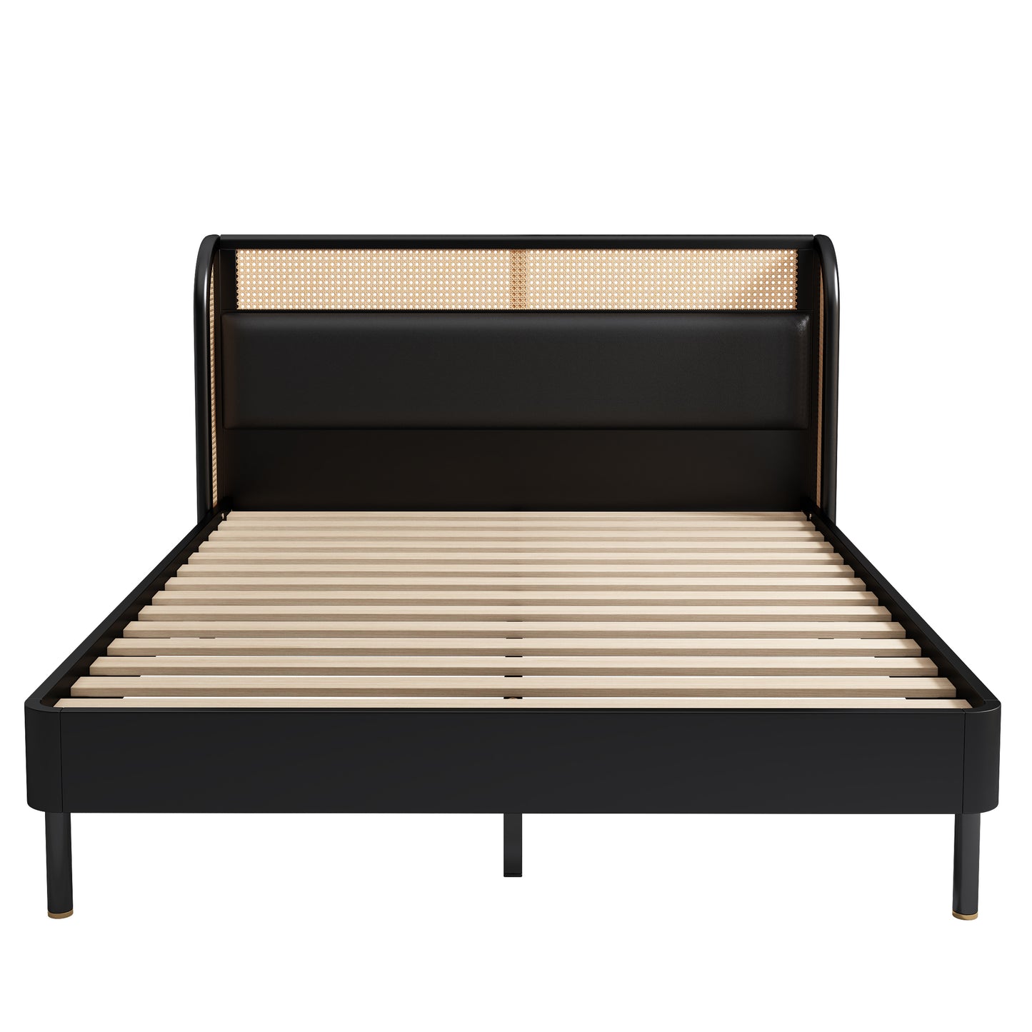 4 Pieces Modern Cannage Rattan Platform Queen Bed + Nightstand*2+ Dresser, Black