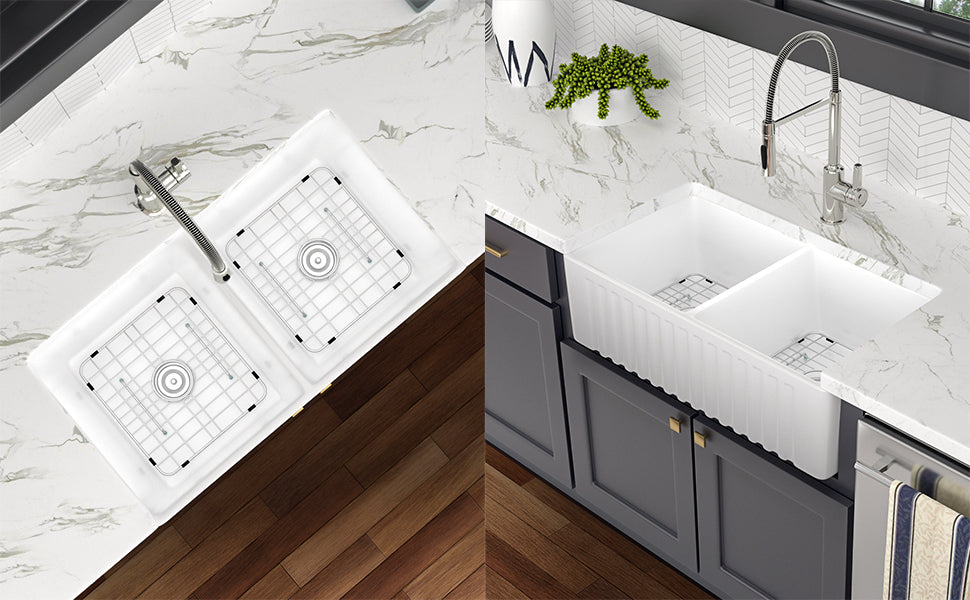 Ceramic White 33*18*10" Kitchen Double Basin Farmhouse Sink Rectangular Vessel Sink