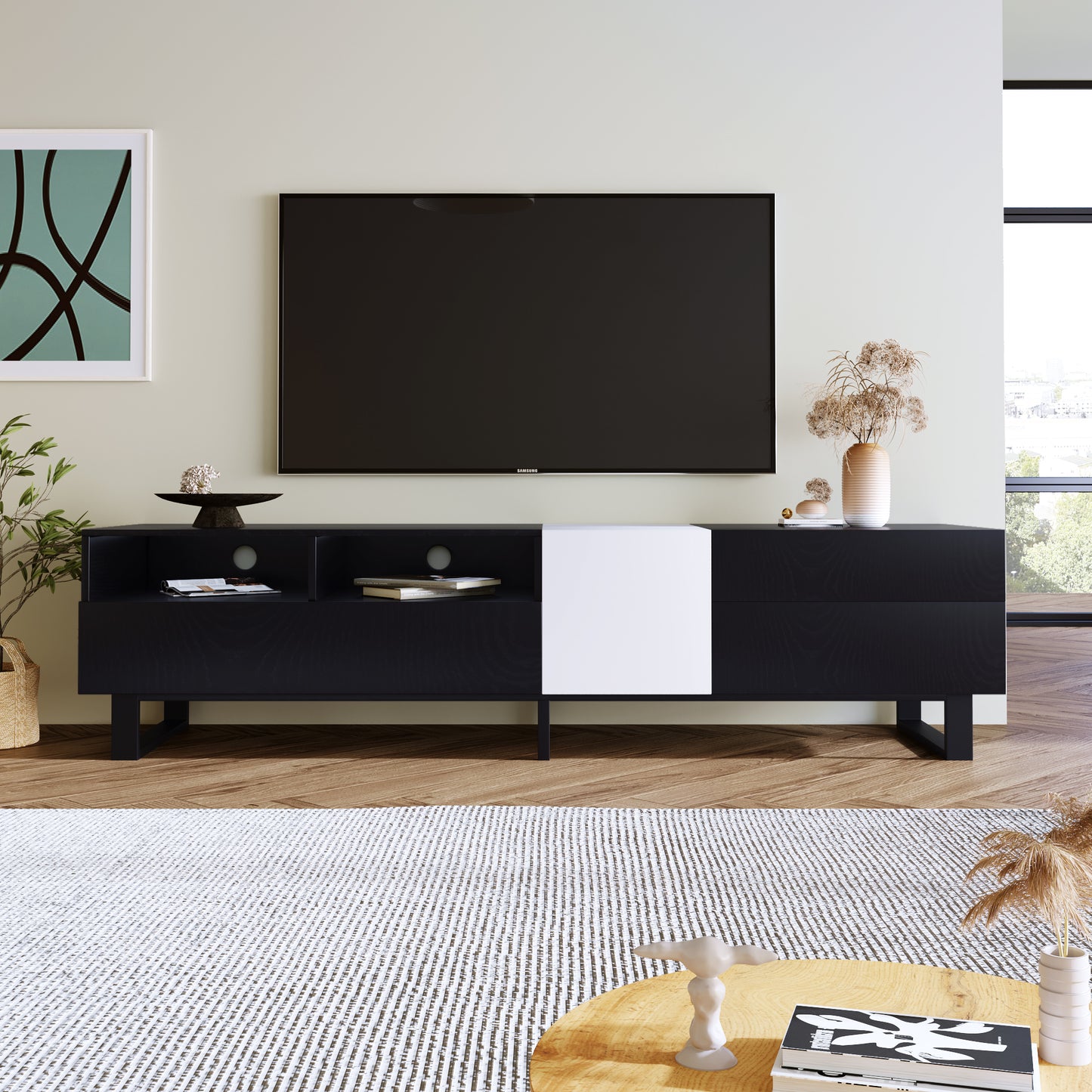 Modern TV Stand for 80'' TV with Double Storage Space, Media Console Table, Entertainment Center with Drop Down Door for Living Room, Bedroom, Home Theatre