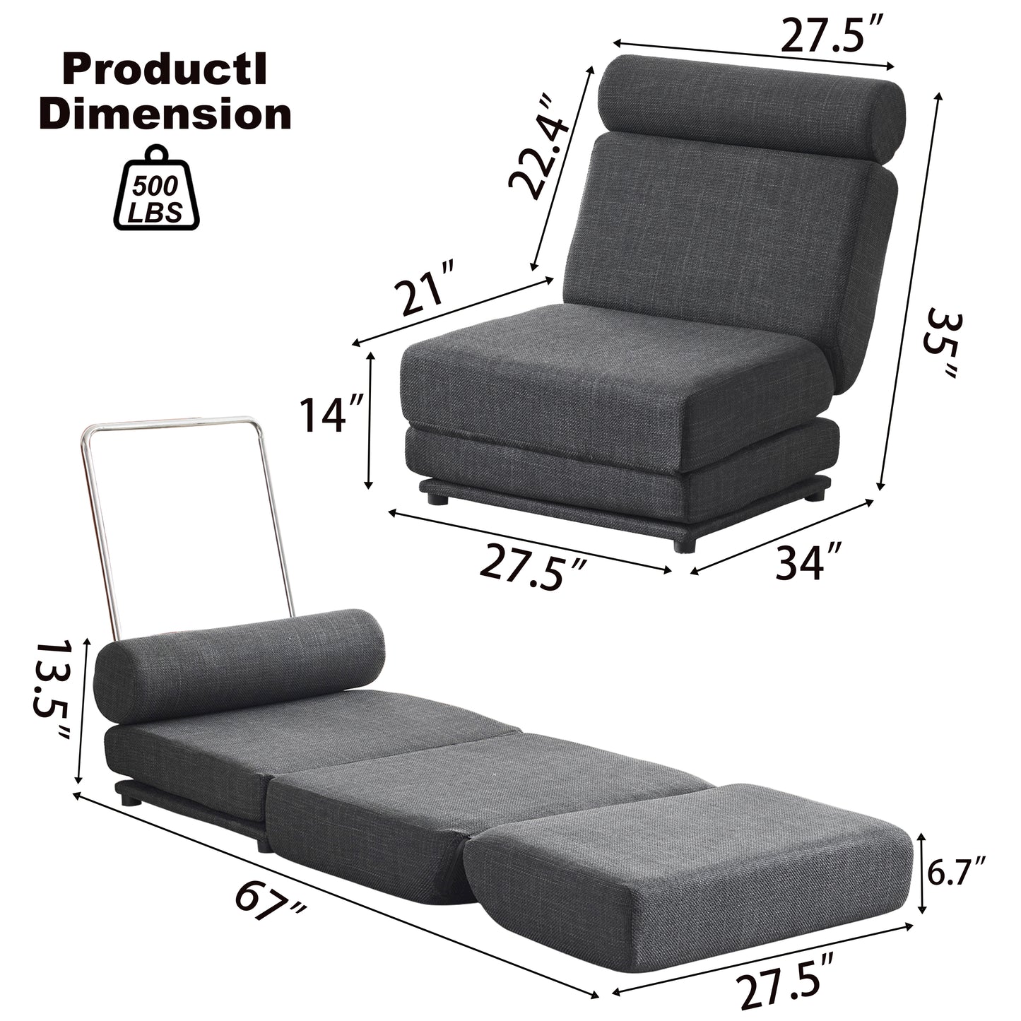 Single Sofa Chair Foldable Single Sofa Bed with Pillow,Portable Foldable Sofa Bed,Leisure Sofa Chair,Easy to Store,Made of Breathable and Wearable Linen,Dark Grey