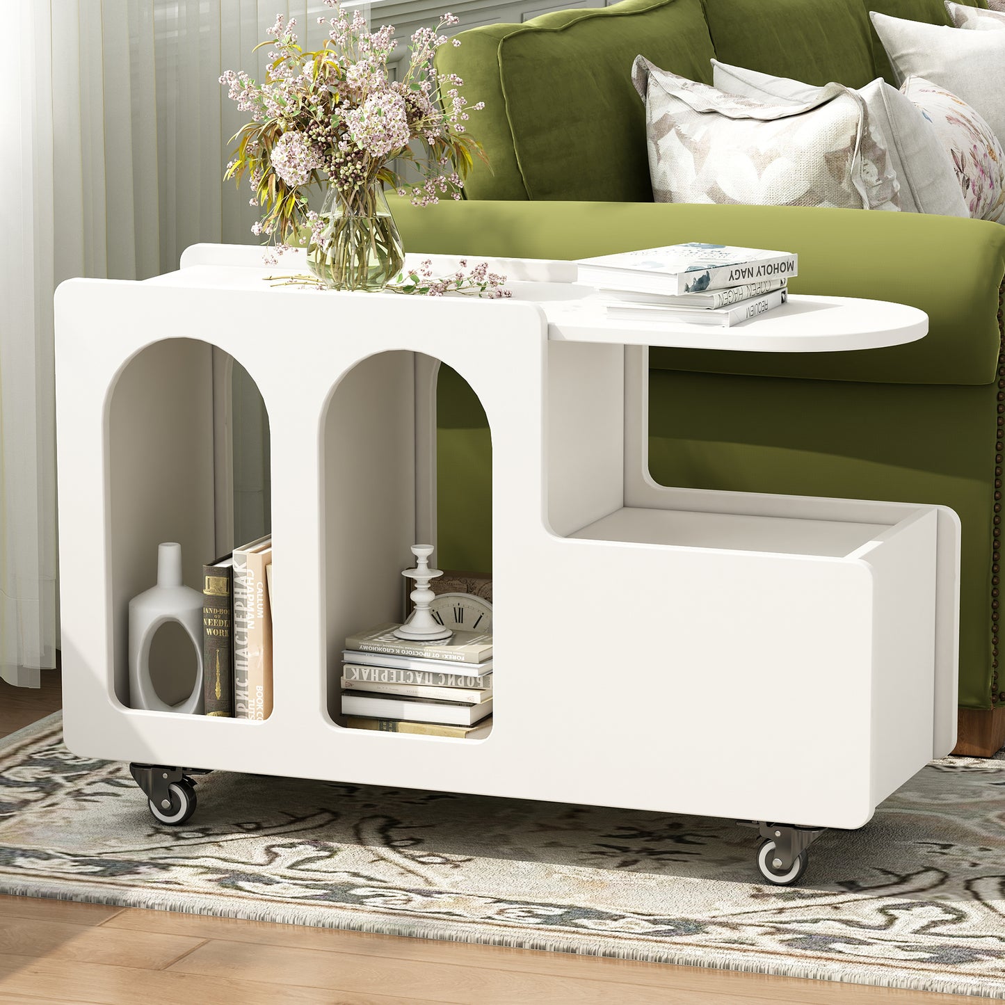 ON-TREND Mobile End Table with lockable wheels, Cream Style Side Table with Storage Drawer, 11.8inch Narrow Nightstand with Multi-layer Storage, Living Room, White