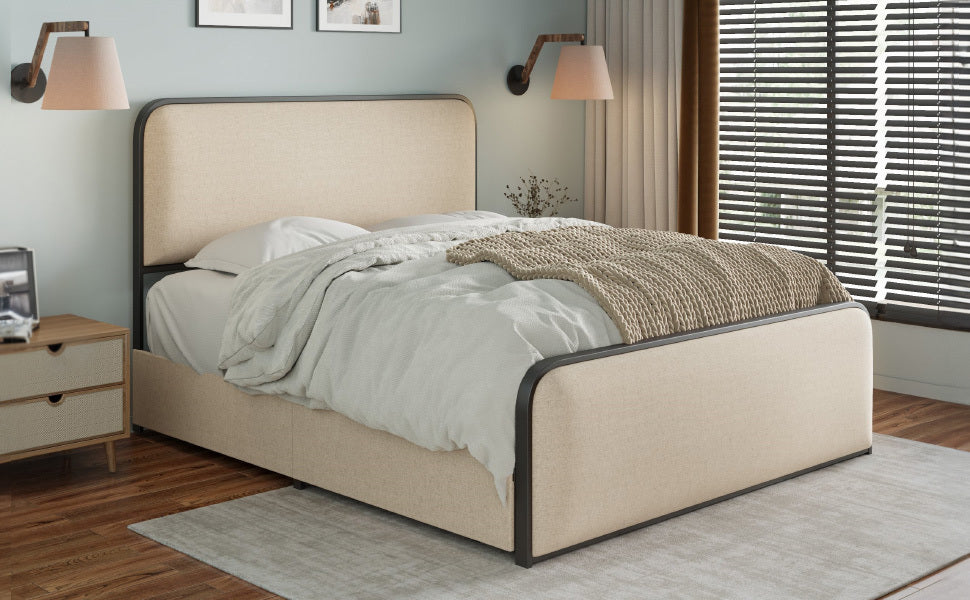 Modern Metal Bed Frame with Curved Upholstered Headboard and Footboard Bed with 4 Storage Drawers, Heavy Duty Metal Slats, Full Size, Beige