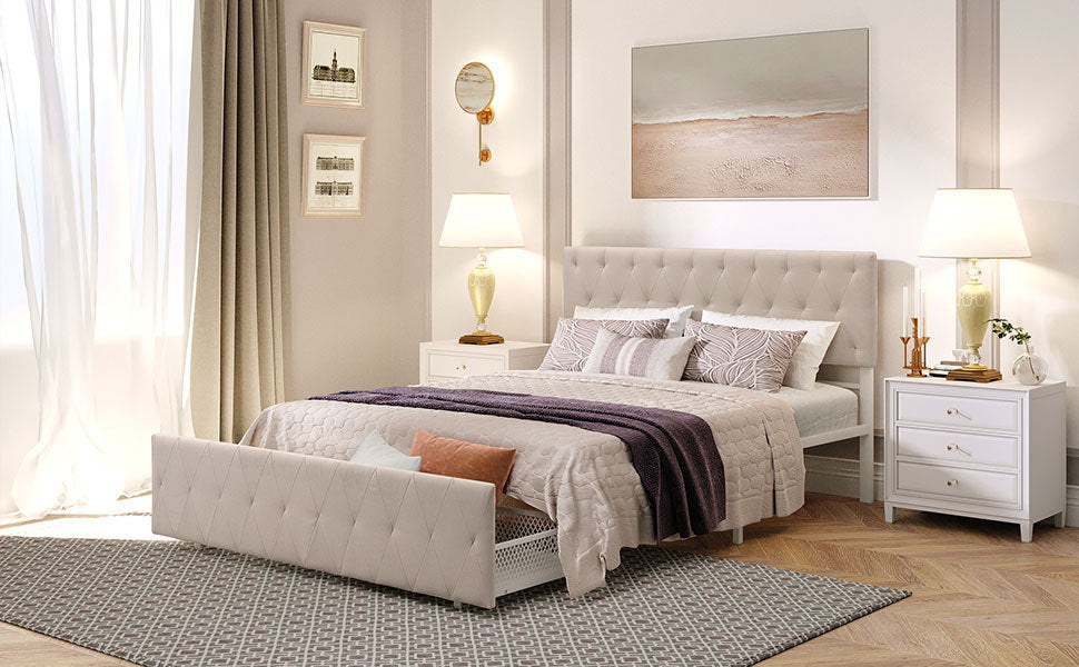 Queen Size Storage Bed Metal Platform Bed with a Big Drawer - Beige