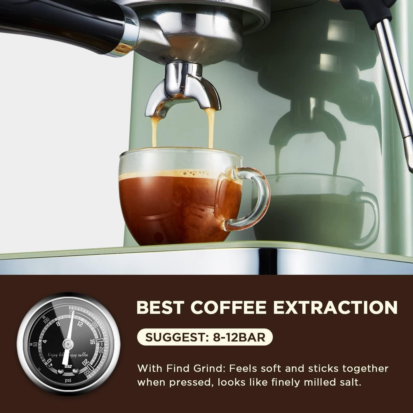 15 Bar Espresso Coffee Machine with Milk Frother Steam Wand, 1350W Professional Coffee Maker, 54 Oz Removable Water Tank Espresso Maker Cappuccino, Latte, Machiato, Green, For Home Barista