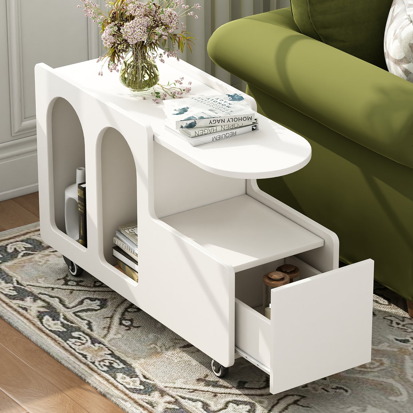 ON-TREND Mobile End Table with lockable wheels, Cream Style Side Table with Storage Drawer, 11.8inch Narrow Nightstand with Multi-layer Storage, Living Room, White