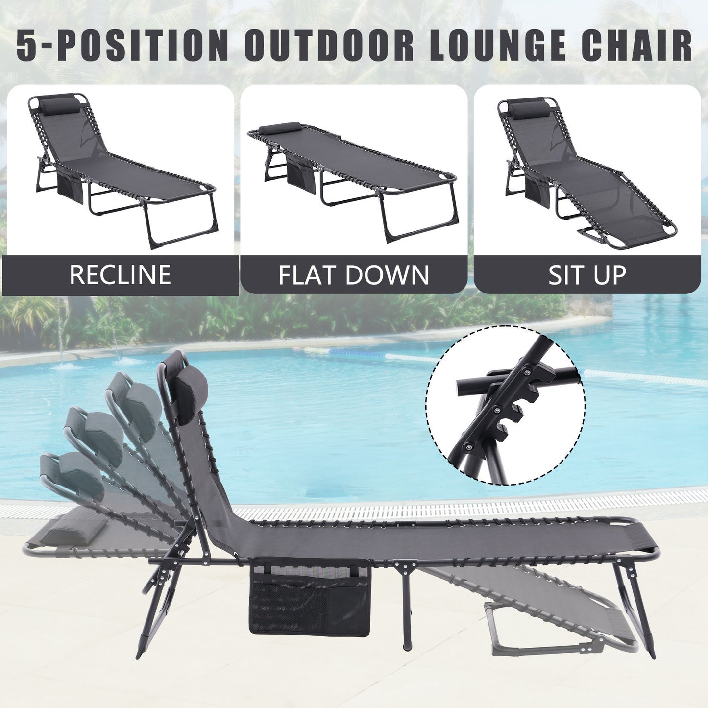 Folding Textilene Waterproof Patio Chaise Lounge Chair,Outdoor Adjustable and Reclining Tanning Chair with Pillow and Side Pocket for Lawn,Beach,Pool,Portable Camping and Sunbathing(2 Pieces,Black)