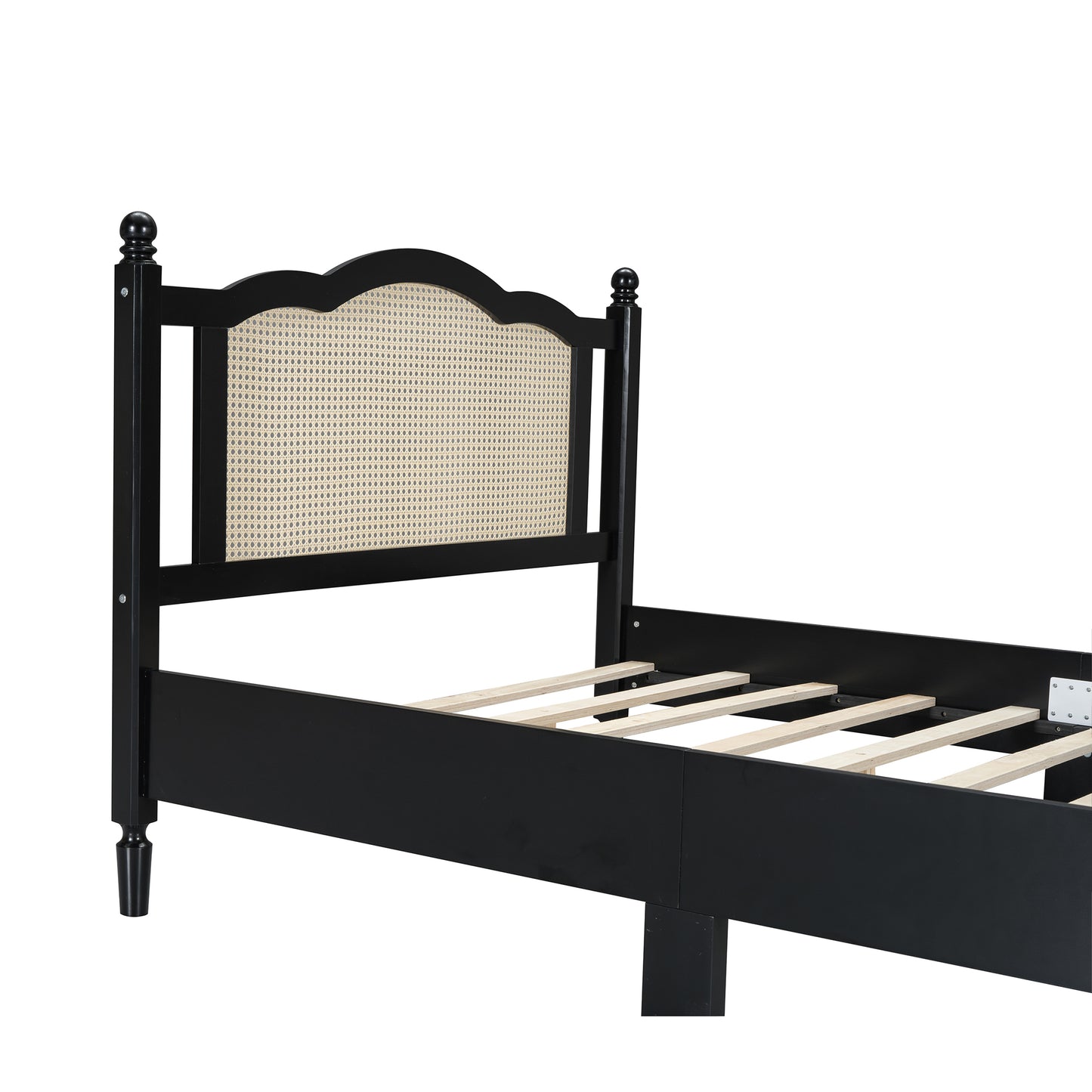Full Size Wooden Platform Bed with Natural Rattan Headboard, Vintage Bed Frame with Wooden Slat Support, Black (Expected Arrival Time: 08.23)
