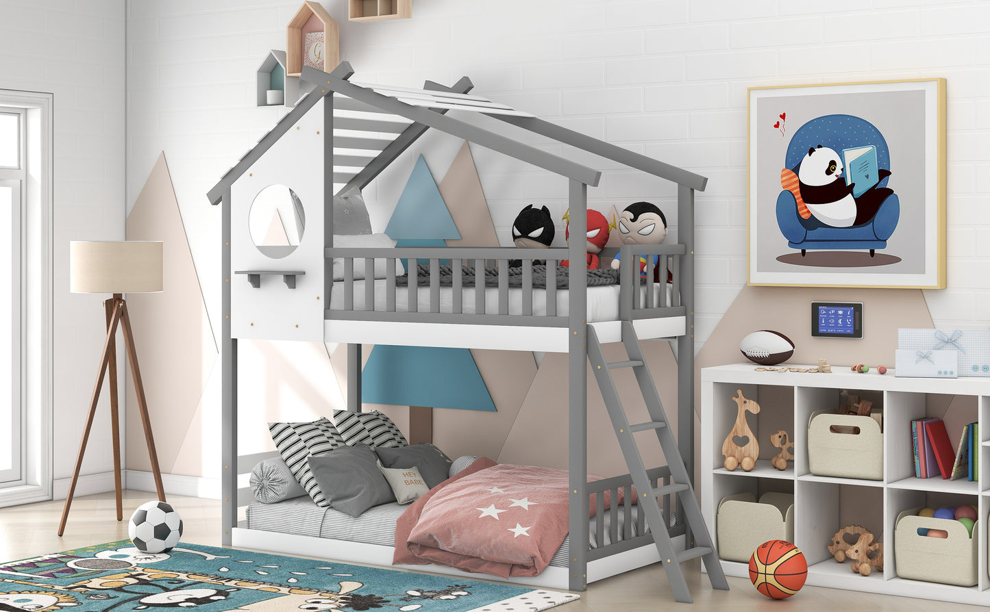 Twin Over Twin Bunk Bed Wood Bed with Roof, Window, Ladder ( Gray)(OLD SKU :LP000008AAE)
