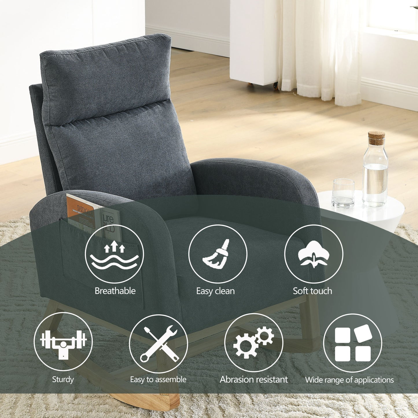 [Video] Welike 27.6"W Modern Accent High Backrest Living Room Lounge Arm Rocking Chair, Two Side Pocket(W83453347)