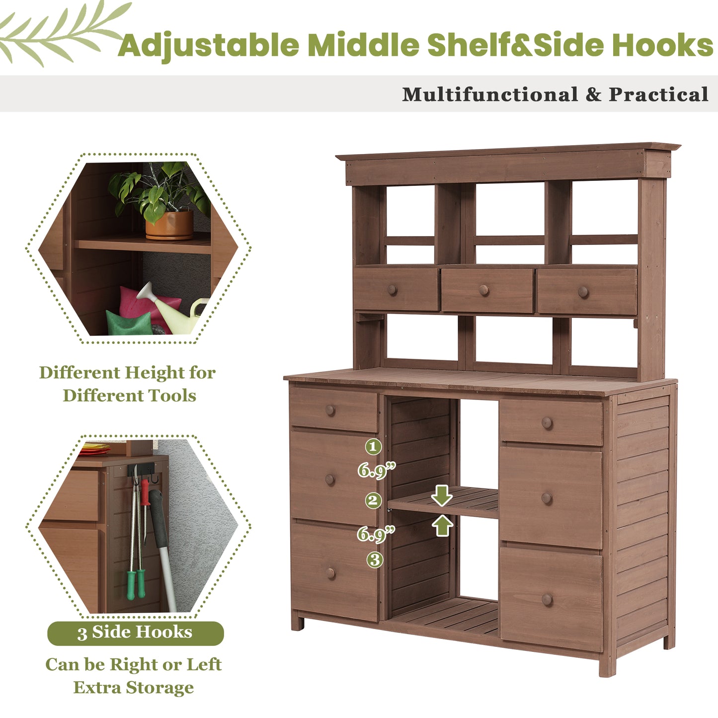 [Video Provided] TOPMAX Garden Potting Bench Table, Rustic and Sleek Design with Multiple Drawers and Shelves for Storage, Brown