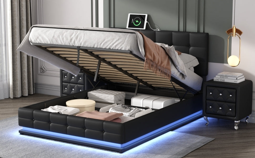 3-Pieces Bedroom Sets,Queen Size Upholstered Bed with LED Lights,Hydraulic Storage System and USB Charging Station, Two Nightstands with Crystal Decoration,Black