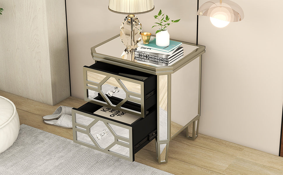Elegant Mirrored 2-Drawer Side Table with Golden Lines for Living Room, Hallway, Entryway