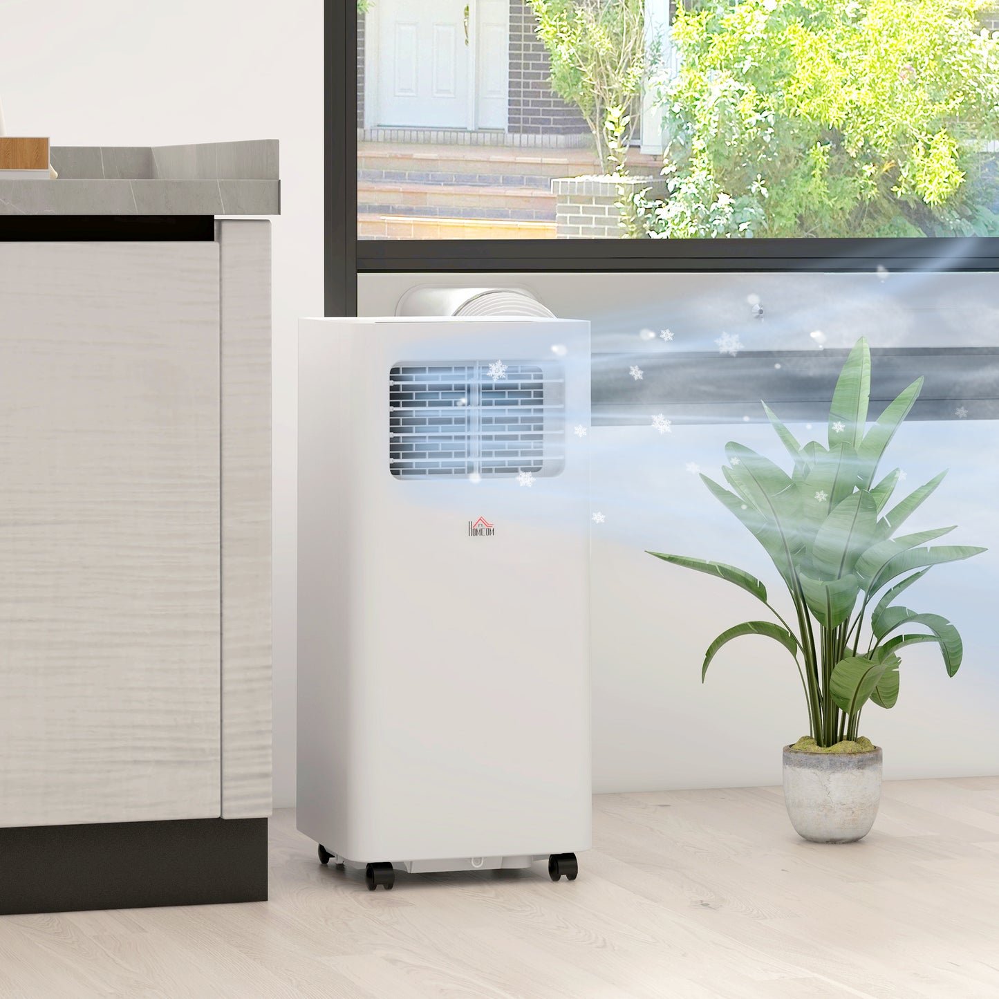 HOMCOM 8000 BTU Portable Air Conditioner for Rooms Up to 345 Sq. Ft., 3-in-1 AC Unit with Dehumidifier, Cooling Fan, Sleep, Remote, 24H Timer On/Off, Window Installation Kit, White