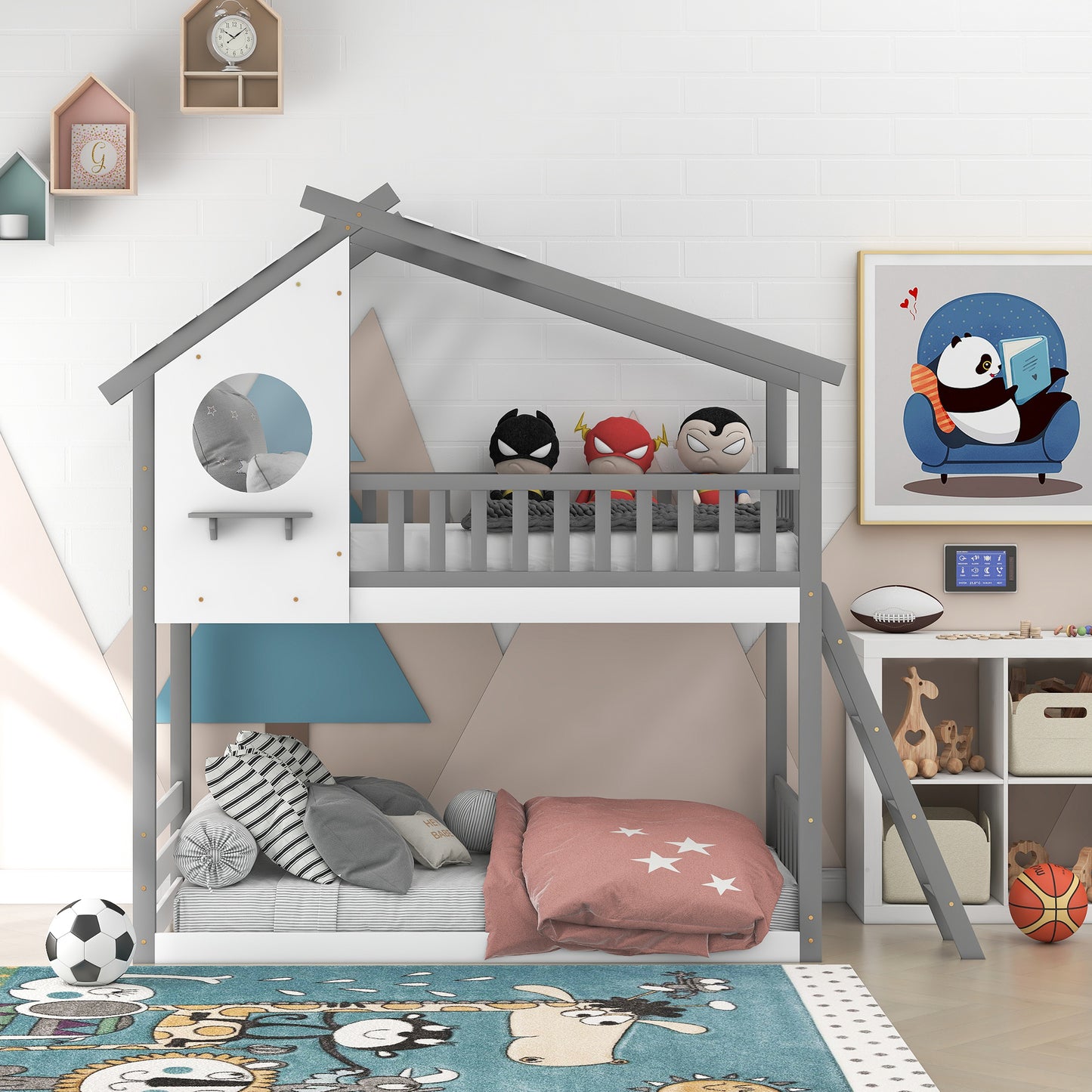 Twin Over Twin Bunk Bed Wood Bed with Roof, Window, Ladder ( Gray)(OLD SKU :LP000008AAE)