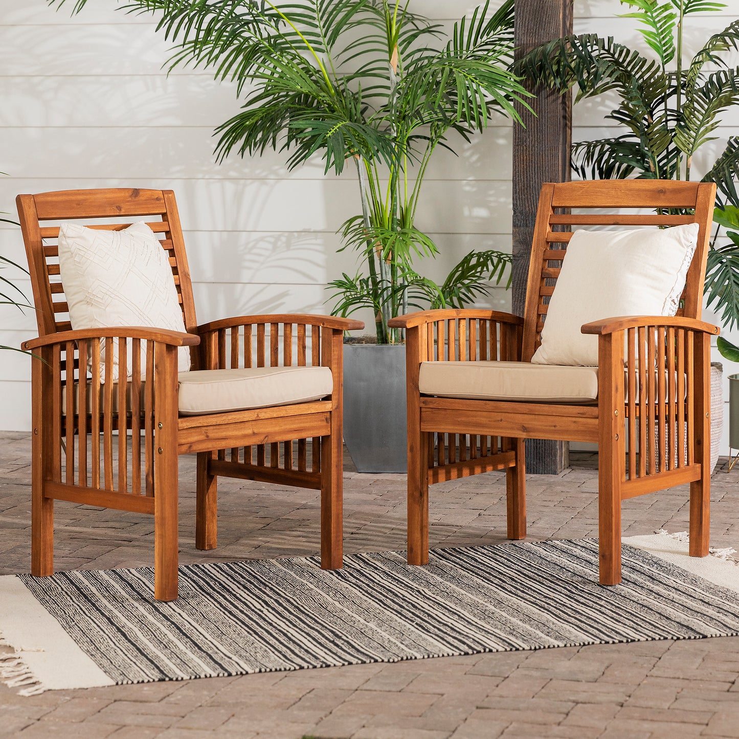 Modern 2-Piece Slat-Back Patio Chairs with Cushions - Brown