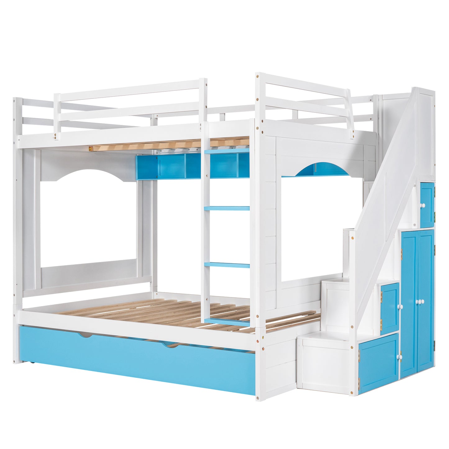 Full Over Full Bunk Bed with Trundle ,Stairs,Ladders Solid Wood Bunk bed with Storage Cabinet (White + Blue)