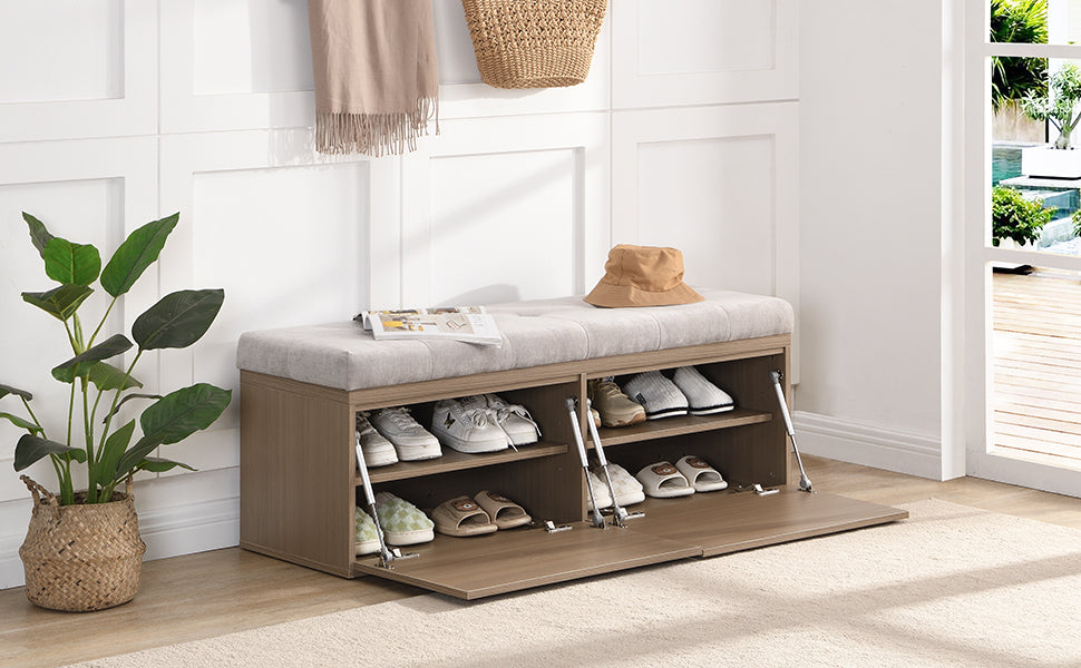 49" Shoe Storage Bench Entryway Shoe Cabinet Storage Ottoman with Padded Seat Cushion and Double Doors for Entryway, Hallway and Bedroom, Light Grey