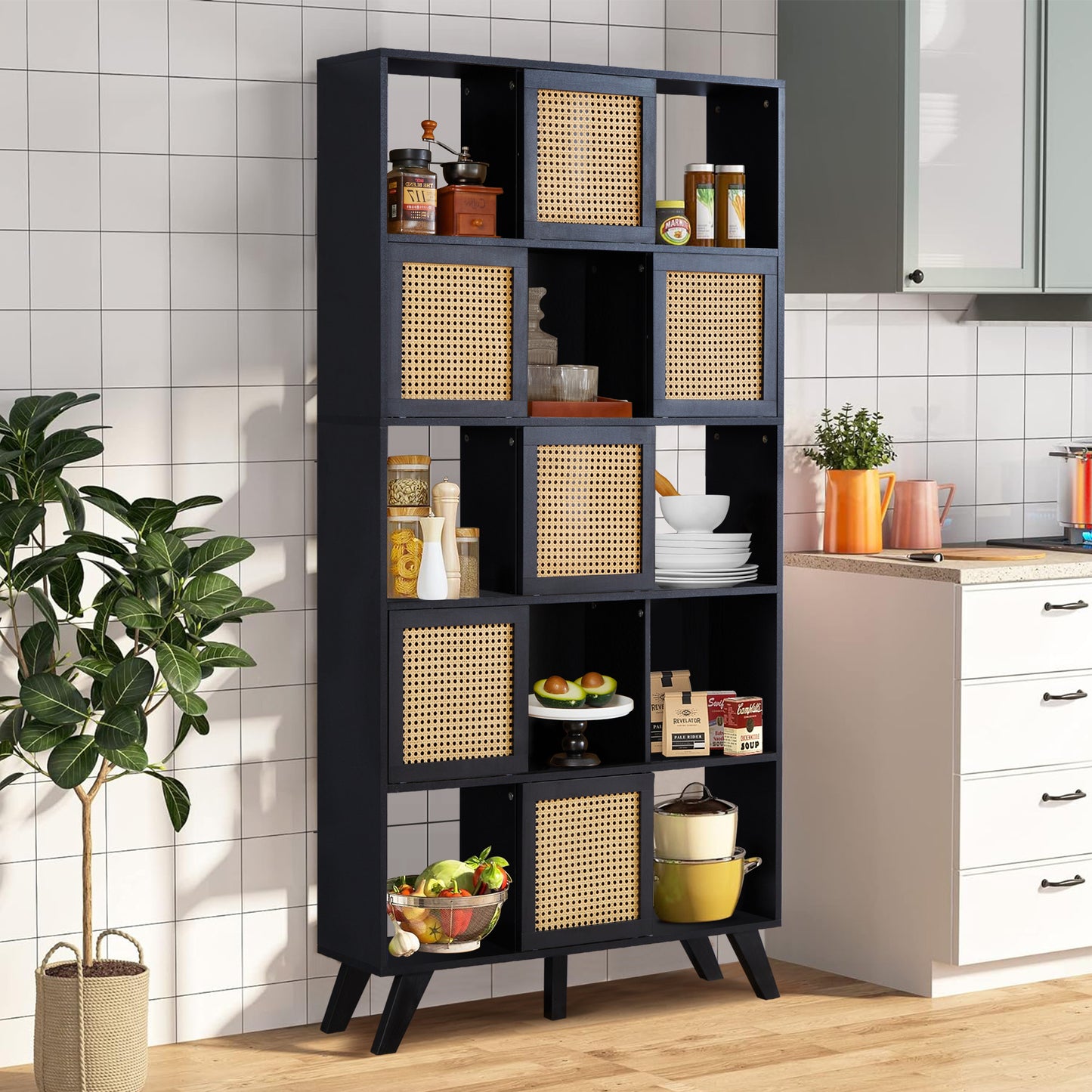 5 Tier Bookcase with Rattan Doors, 71" Shelf Rattan Boho Wood Shelves Large Bookshelves Farmhouse Bookcases Book Case for Bedroom, Living Room, Office (Black)