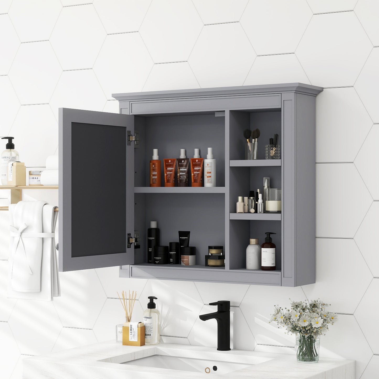 30'' x 28'' Medicine Cabinet, Wall Mounted Bathroom Storage Cabinet, Modern Bathroom Wall Cabinet with Mirror,Medicine Cabinet,  Mirror Cabinet with 3 Open Shelves (Not Include Bathroom Vanity )