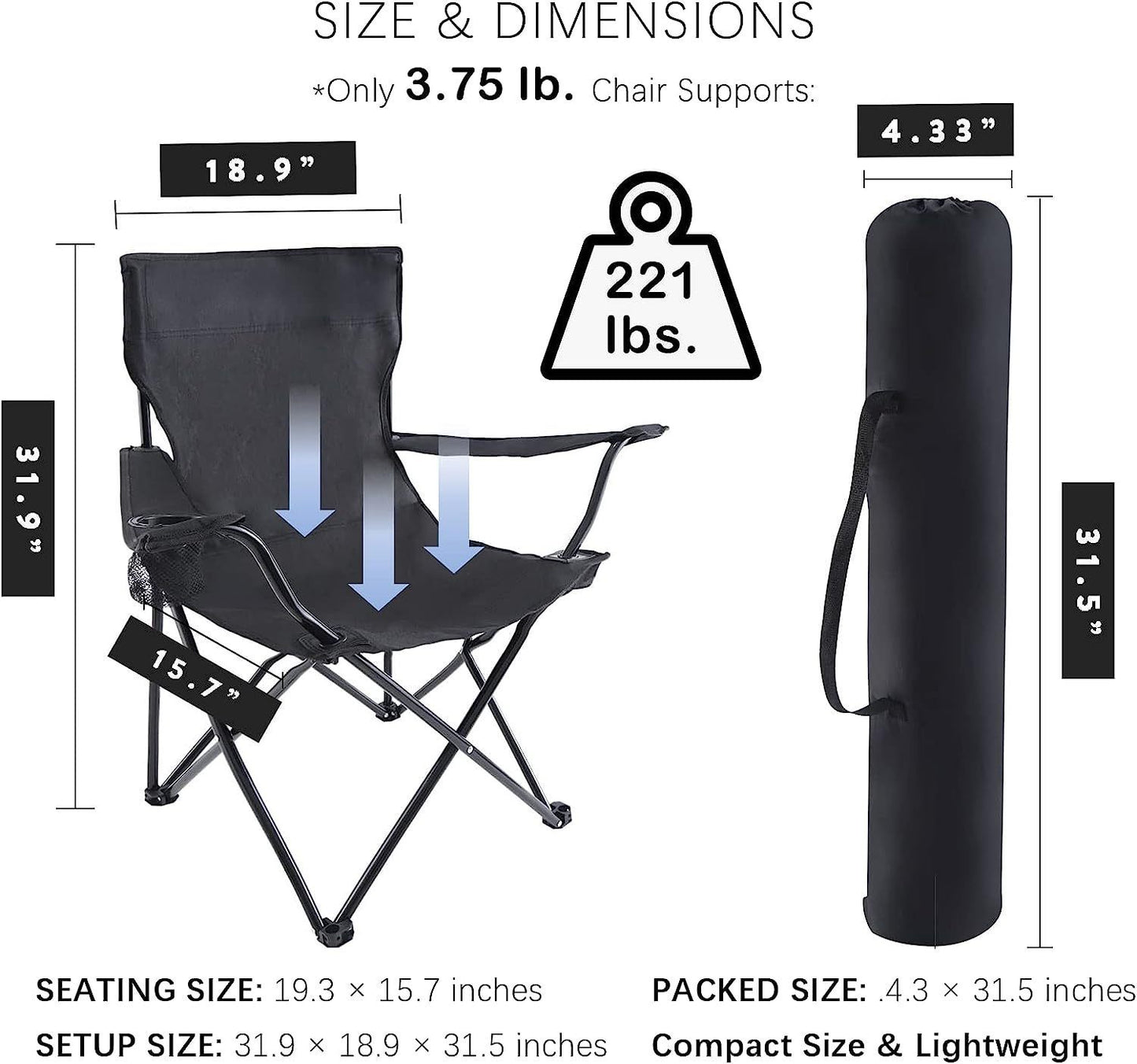 YSSOA Portable Folding Black Camping Chair, 1-Pack