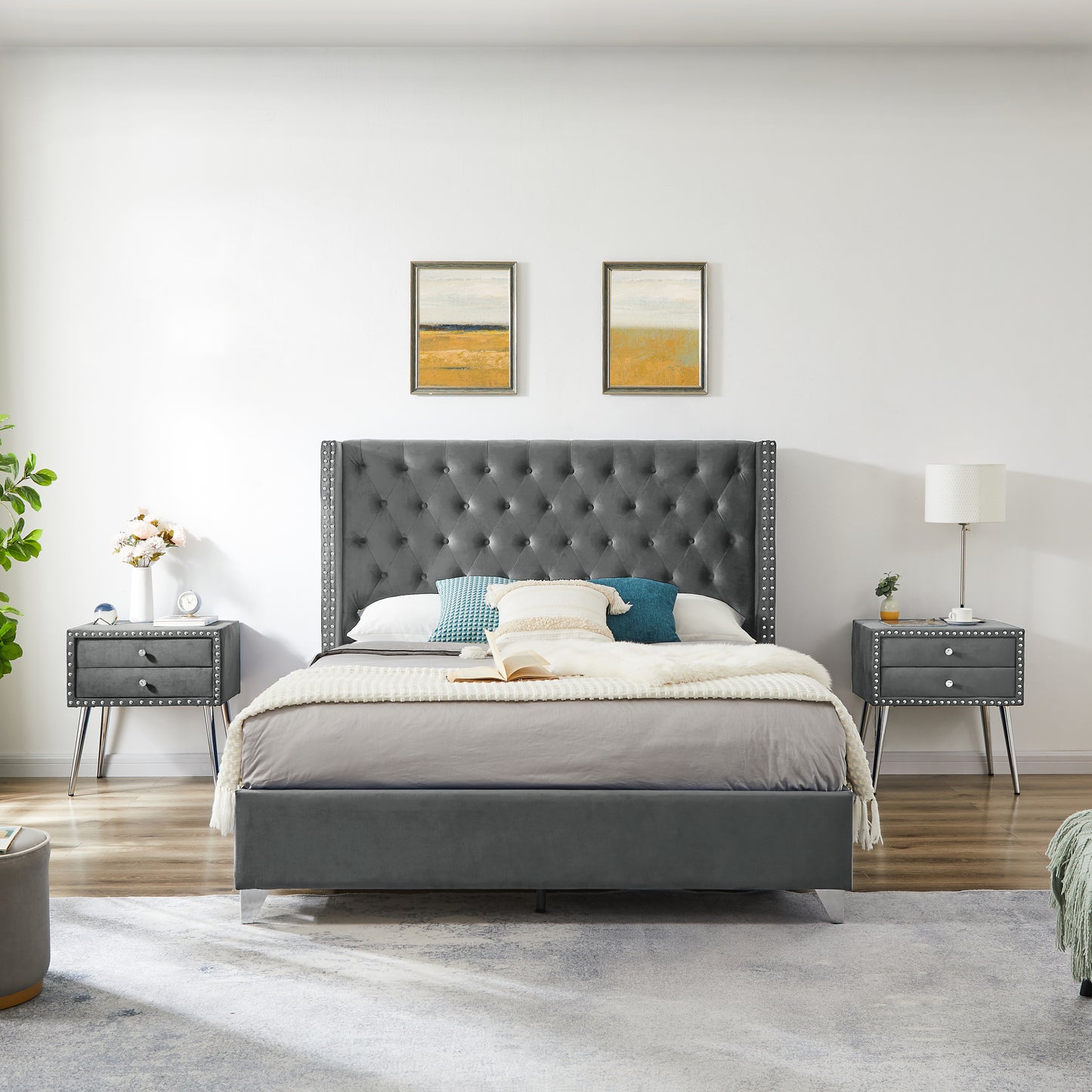 B100S Queen bed with one nightstand, Button designed Headboard,strong wooden slats + metal legs with Electroplate
