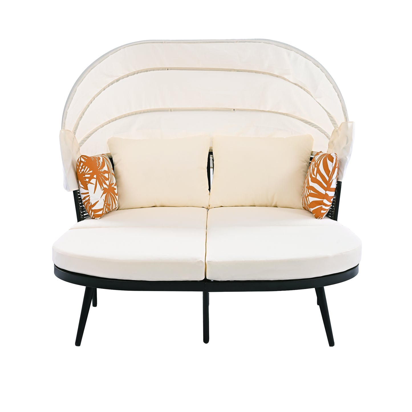 TOPMAX 74.8" L Patio Daybed with Retractable Canopy, Outdoor Rattan PE Wicker Back Loveseat Sofa Set with Throw Pillows and Cushions for Backyard, Poolside, Garden, Beige