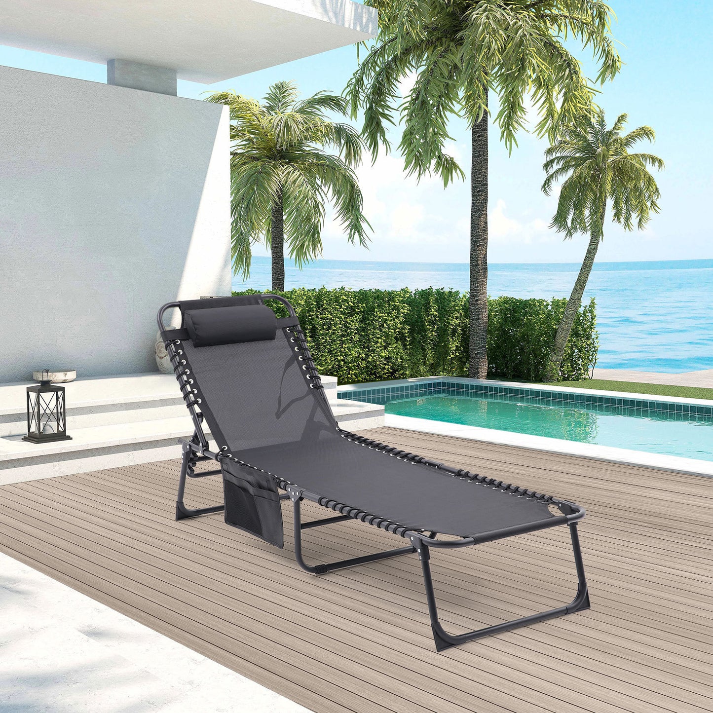 Folding Textilene Waterproof Patio Chaise Lounge Chair,Outdoor Adjustable and Reclining Tanning Chair with Pillow and Side Pocket for Lawn,Beach,Pool,Portable Camping and Sunbathing(2 Pieces,Black)
