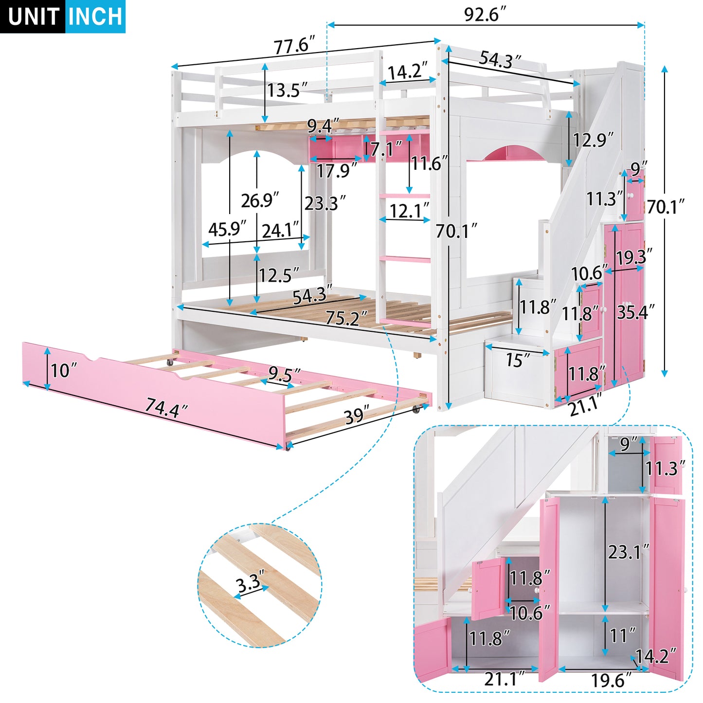 Full Over Full Bunk Bed with Trundle ,Stairs,Ladders Solid Wood Bunk bed with Storage Cabinet (White + Pink)