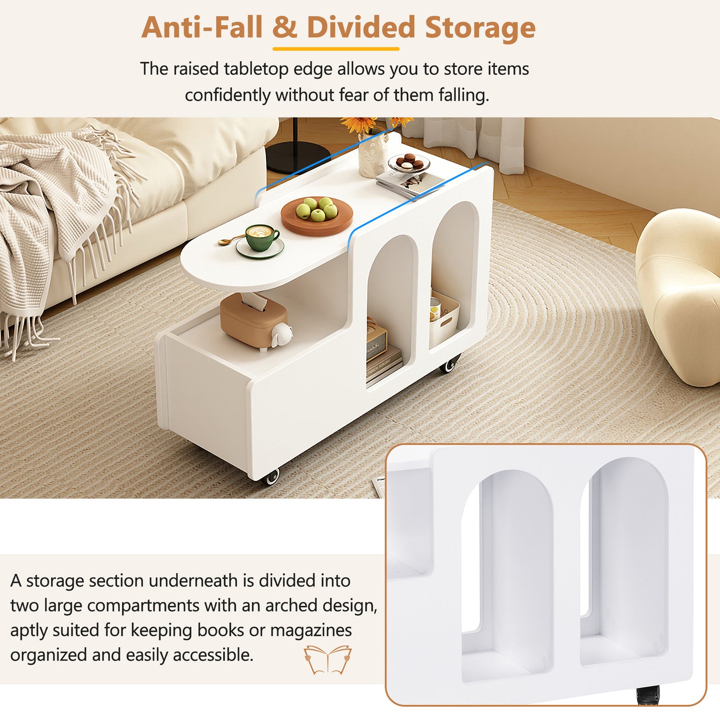 ON-TREND Mobile End Table with lockable wheels, Cream Style Side Table with Storage Drawer, 11.8inch Narrow Nightstand with Multi-layer Storage, Living Room, White
