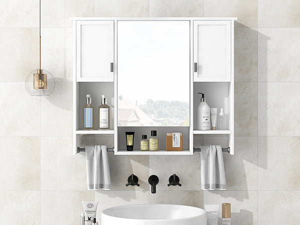 35'' x 28'' Modern Wall Mounted Bathroom Storage Cabinet, Bathroom Wall Cabinet with Mirror, Medicine Cabinet with Towels Bar