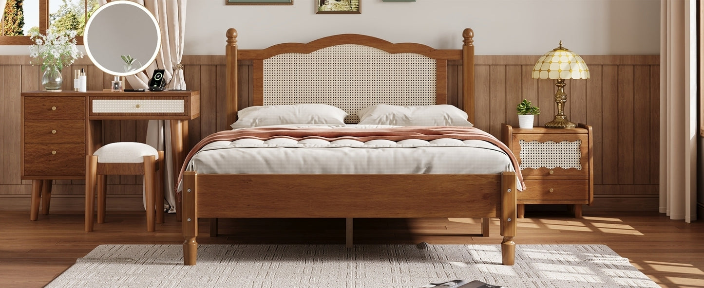 Full Size Wooden Platform Bed with Natural Rattan Headboard, Vintage Bed Frame with Wooden Slat Support, Walnut (Expected Arrival Time: 08.23)