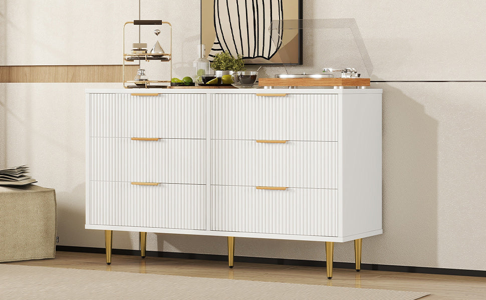 6 Drawer Dresser with Metal Leg and Handle for Bedroom, Storage Cabinet with Vertical Stripe Finish Drawer, White
