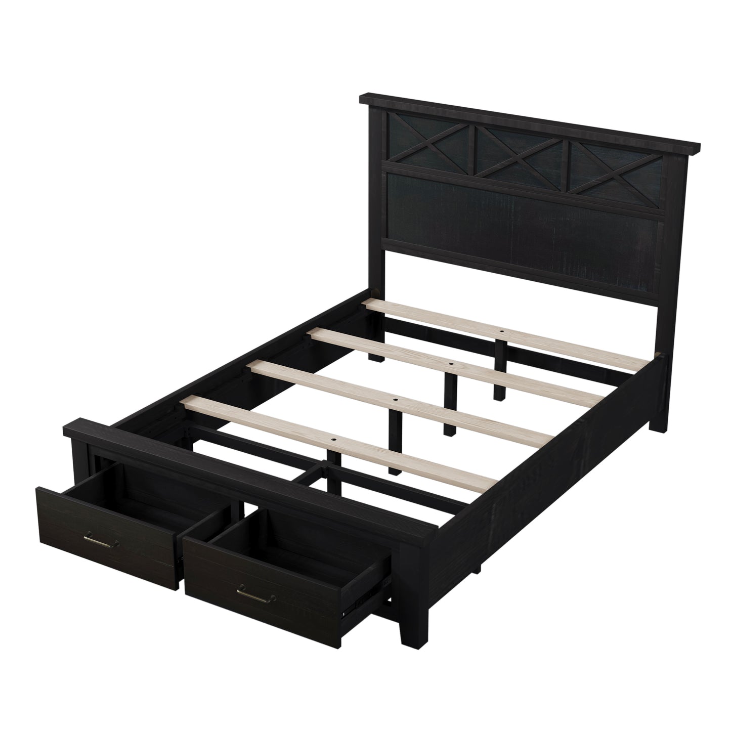 Rustic Farmhouse Style Blackwash Queen Storage Panel Bed with Two Drawers, Coffee