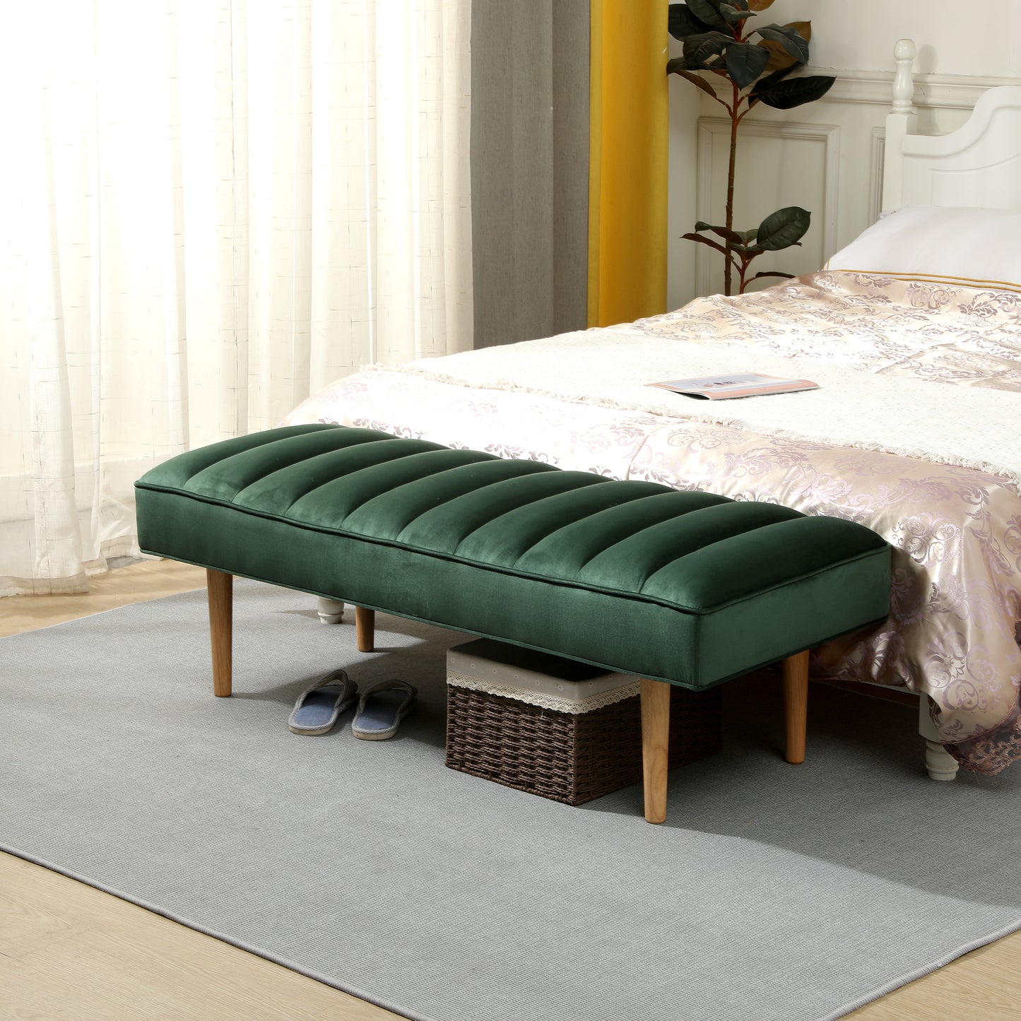 Accent Channel Tufted Ottoman Green Velvet End of Bed Bench for Bedroom, Living Room, Entryway (Green)