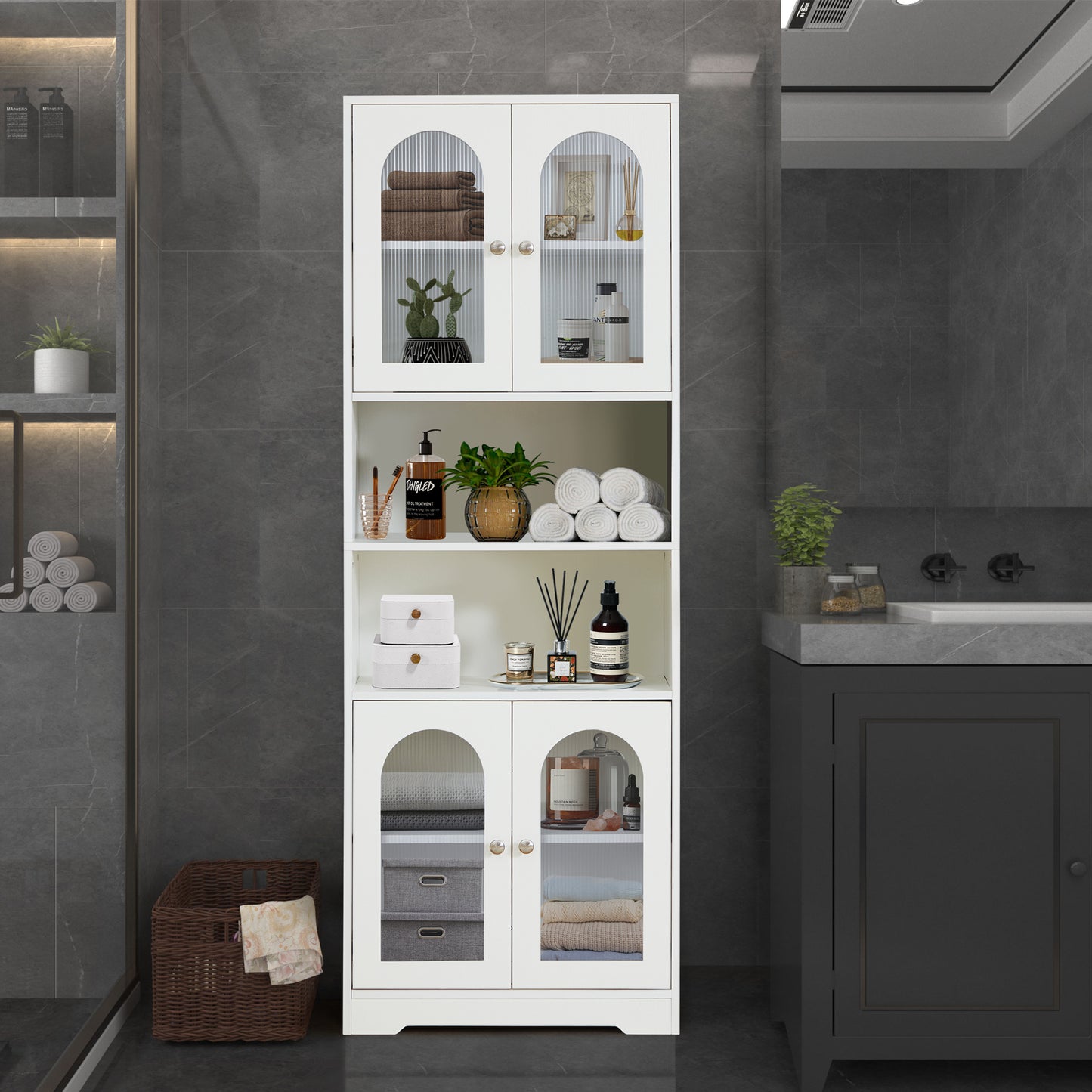 67" Tall Bathroom Storage Cabinet with Doors and Shelves, Towel Cabinet for Bathroom Freestanding, Linen Cabinet for Bathroom Storage 6 Tier, White Kitchen Pantry Cabinet Wood
