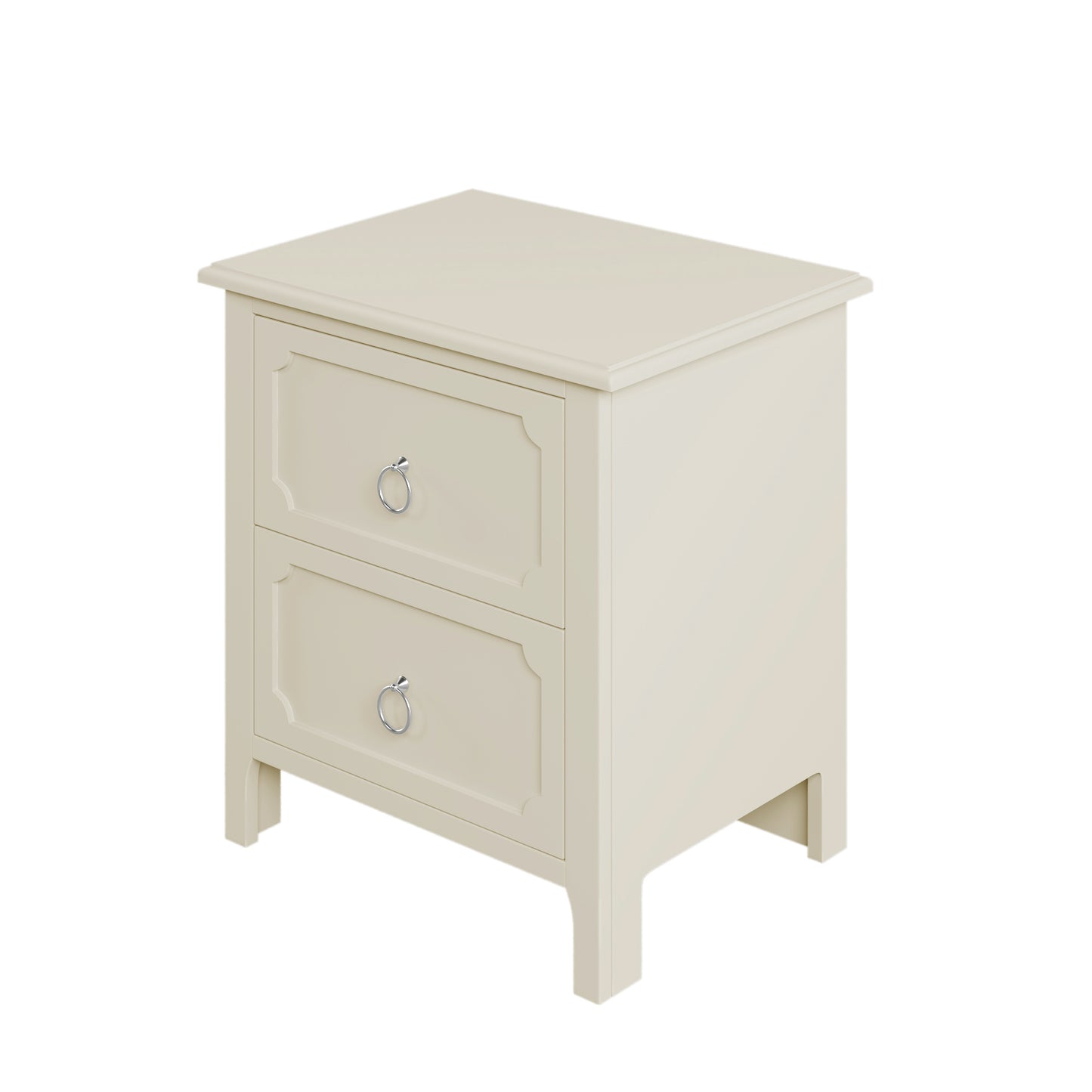 Milky White Rubber Wooden Nightstand Two Drawers Silver Metal Handles for Living Room Guest Room Bedroom