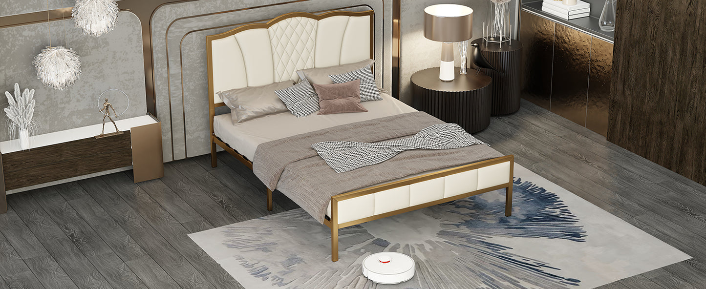 Full Size Bed Frame, Modern Upholstered Bed Frame with Tufted Headboard, Golden Metal Platform Bed Frame with Wood Slat Support, Noise Free, No Box Spring Needed,Beige