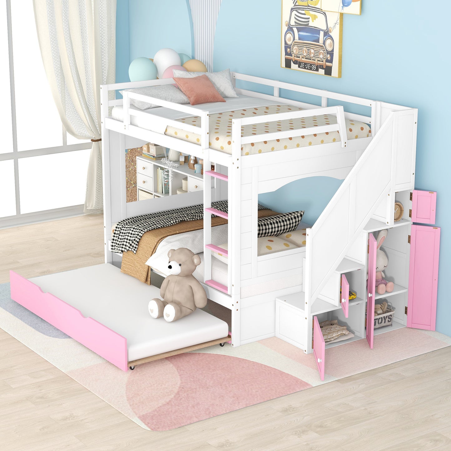 Full Over Full Bunk Bed with Trundle ,Stairs,Ladders Solid Wood Bunk bed with Storage Cabinet (White + Pink)