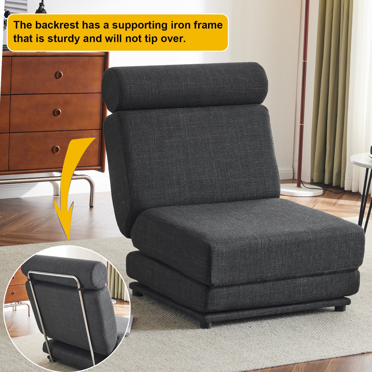 Single Sofa Chair Foldable Single Sofa Bed with Pillow,Portable Foldable Sofa Bed,Leisure Sofa Chair,Easy to Store,Made of Breathable and Wearable Linen,Dark Grey