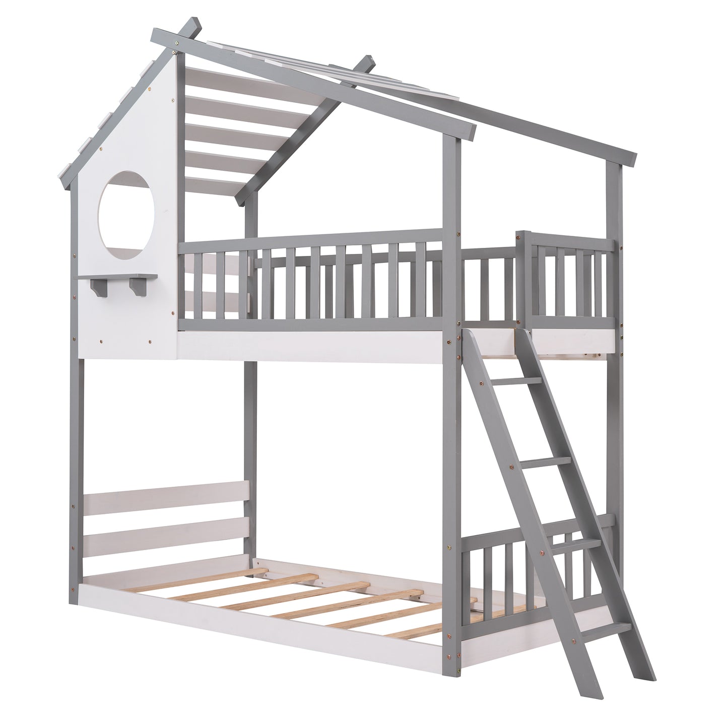 Twin Over Twin Bunk Bed Wood Bed with Roof, Window, Ladder ( Gray)(OLD SKU :LP000008AAE)
