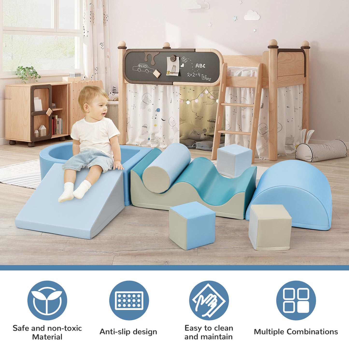 Soft Climb and Crawl Foam Playset 8 in 1 , Safe Soft Foam Nugget Block for Infants, Preschools, Toddlers, Kids Crawling and Climbing Indoor Active Play Structure