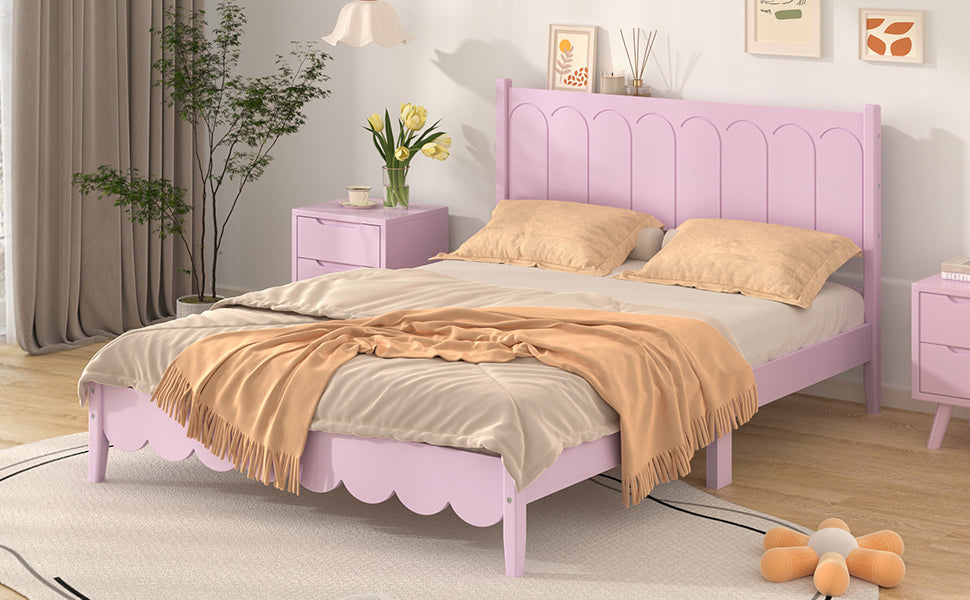 Full Size Wood Platform Bed Frame, Retro Style  Bed with Rectangular Headboard,No Need Box Spring,Pink