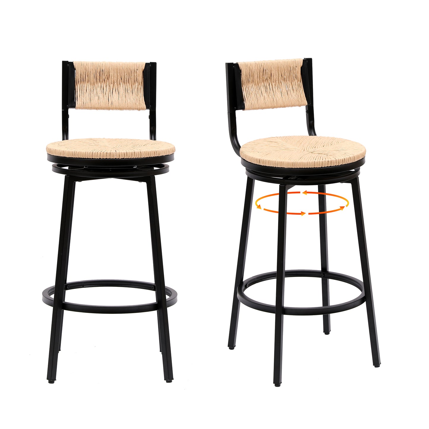 Honey Swivel Bar Stools Paper Rope Handwoven Barstools with Back Set of 2 Rustic Round Counter Chairs for Dining Room, Kitchen Island (Honey)