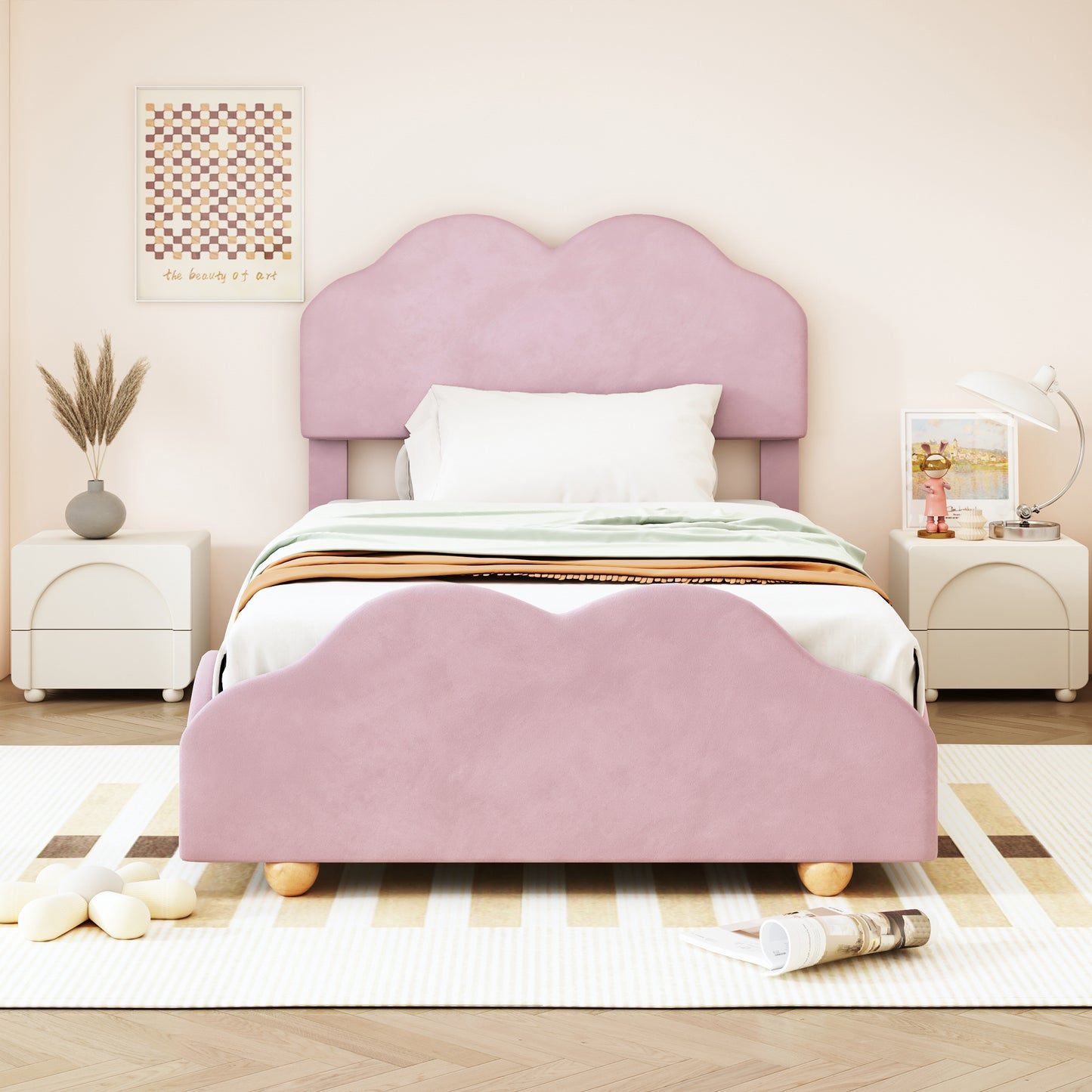 Twin Size Upholstered Platform Bed with Cloud Shaped bed board, Light Pink