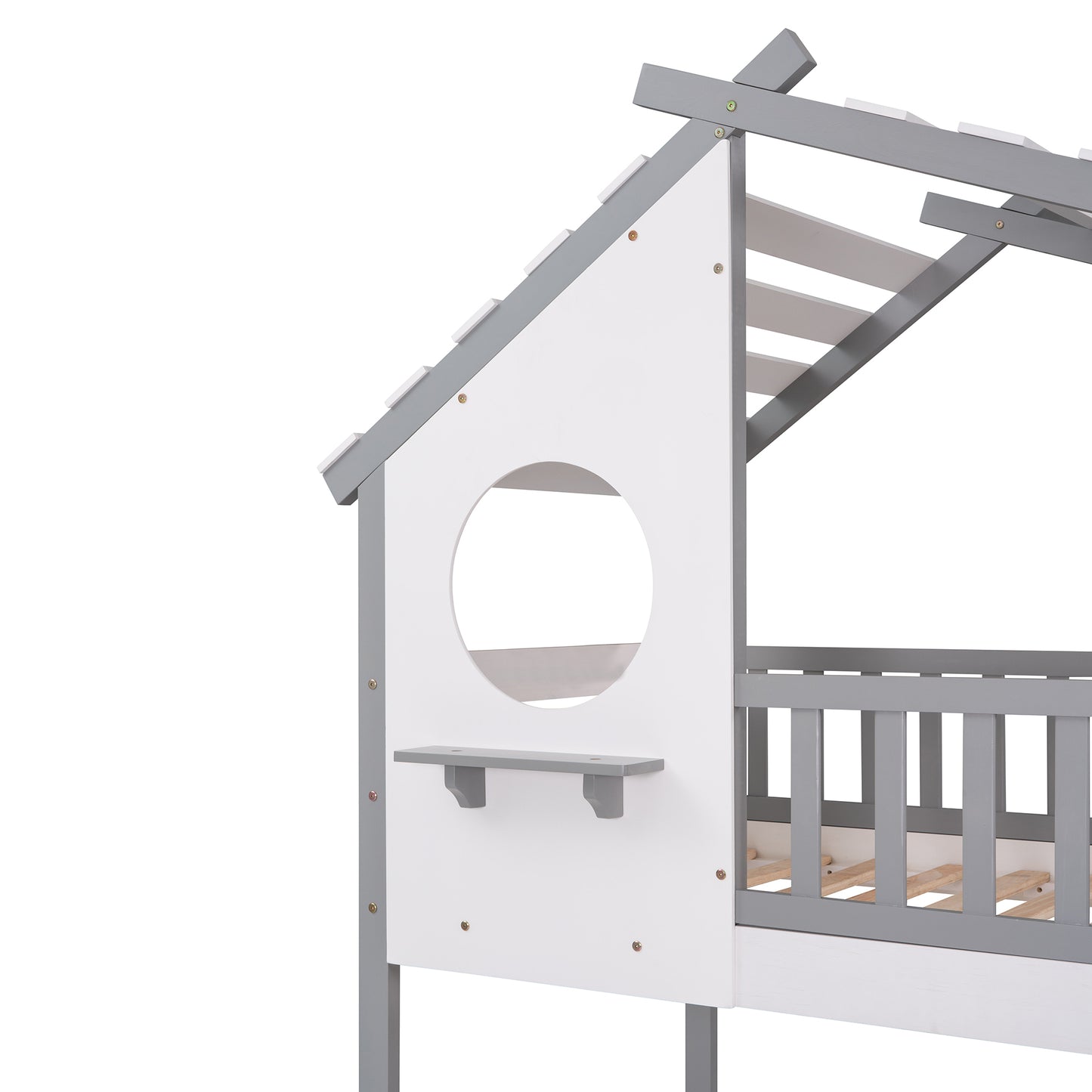 Twin Over Twin Bunk Bed Wood Bed with Roof, Window, Ladder ( Gray)(OLD SKU :LP000008AAE)