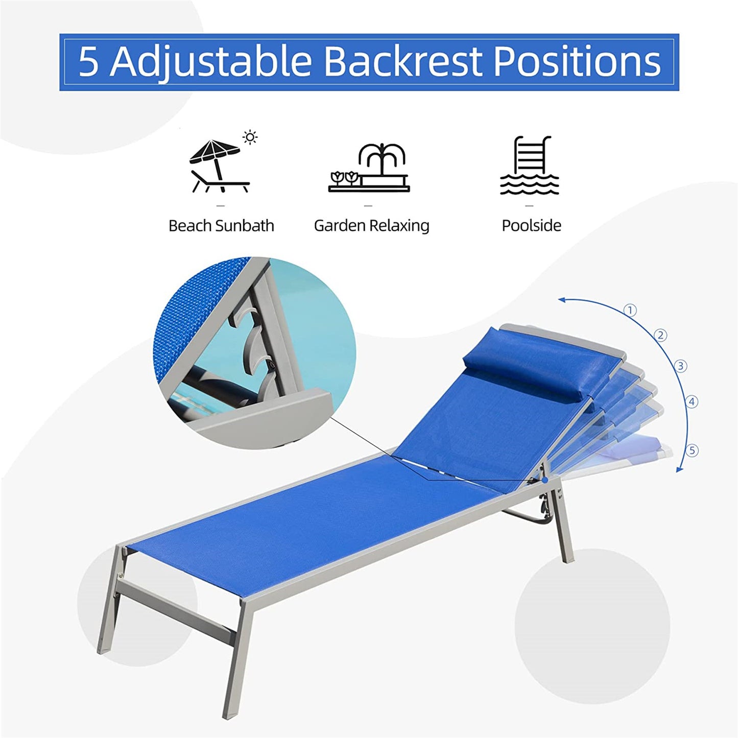 Patio Chaise Lounge Set, 3 Pieces Adjustable Aluminum Backrest Pool Lounge Chairs Textilene Sunbathing Recliner with Headrest (Blue,2 Lounge Chairs+1 Table)